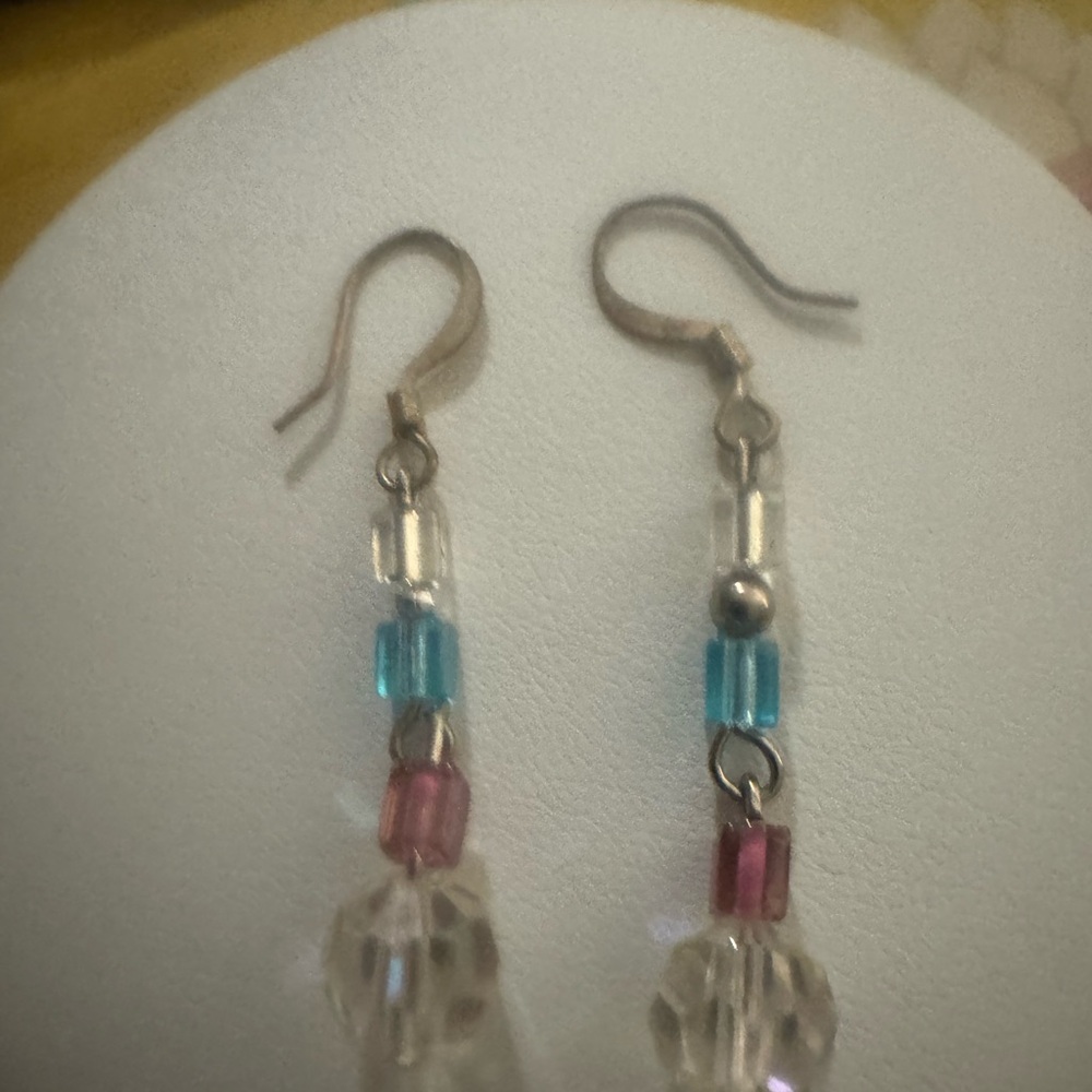 Vintage Silver-Tone Blue and Pink Beaded Dangle Earrings